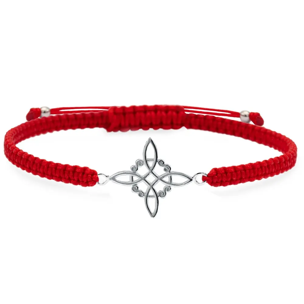 Pulsera de macramé roja con nudo de brujas de plata lisa